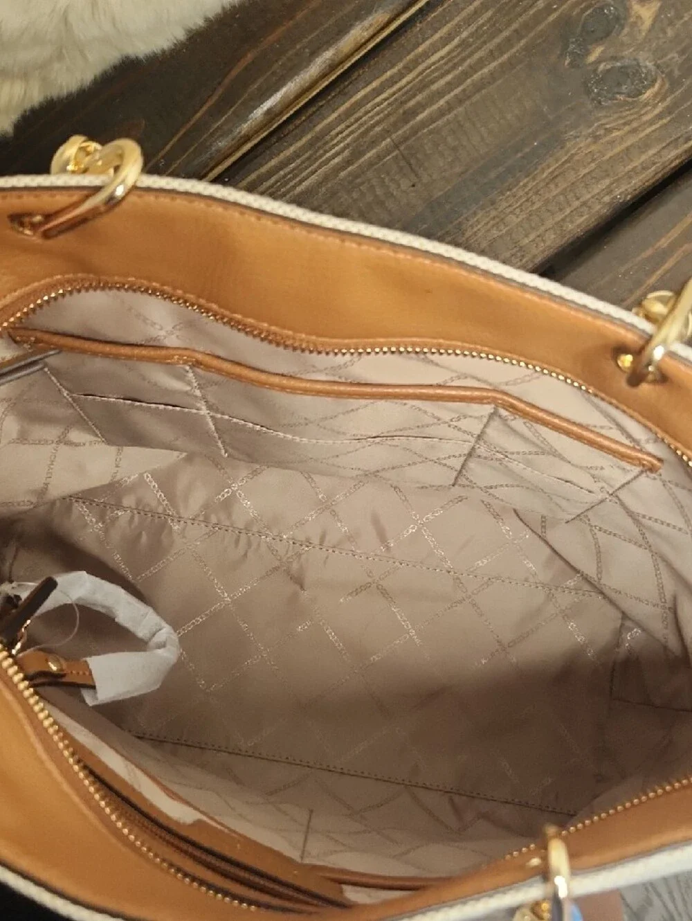Michael Kors Cream Canvas Tote with Tan Leather Pocket